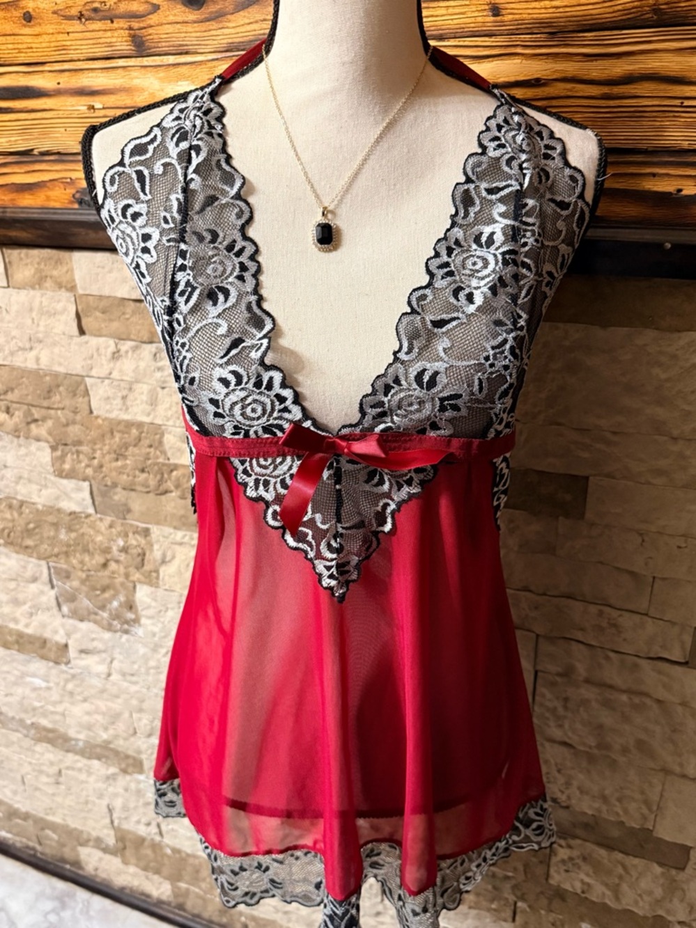 Lace-Trim Sheer Red Chemise Nighy Lingerie Large